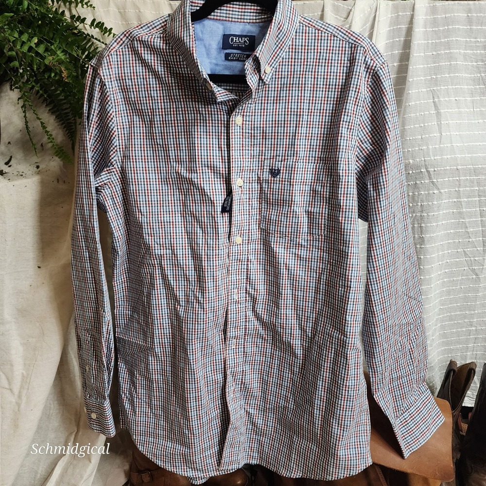 Chaps Mens Stretch Easy Care Button Down Shirt Red White Blue Check Size M